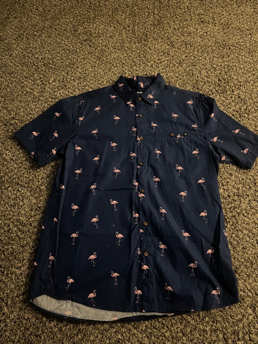 Hurley Navy Short-Sleeve Button-Up Shirt with Pink Flamingo Print